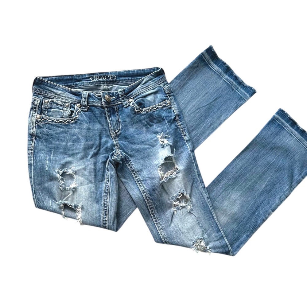 Grace in LA Jeans Women 30 Blue Distressed Lace Bootcut Western Boho Embroidered